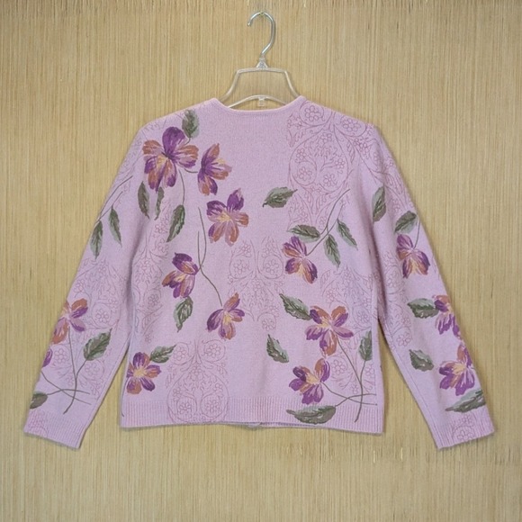 Talbots Cardigan Sweater Womens Large Pink Floral Lambswool Angora Feminine Vtg - Picture 4 of 6